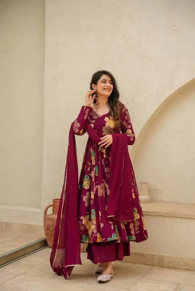Maroon Floral Print Anarkali Suit with Flared Sleeve.