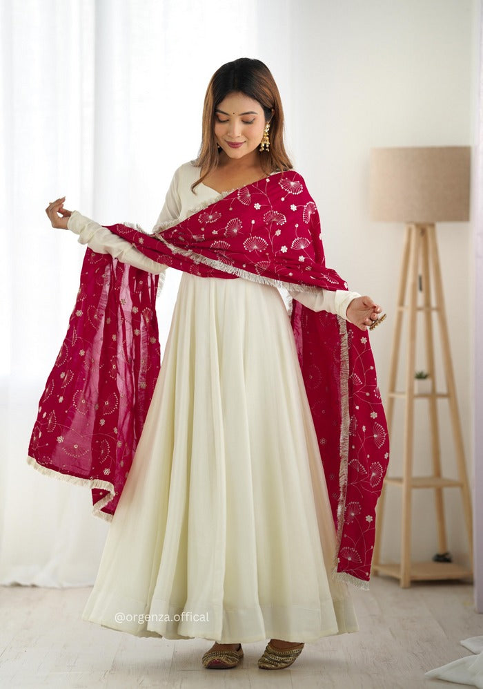 OFF WHITE COLOUR VICHITRA SILK ANARKALI KURTI