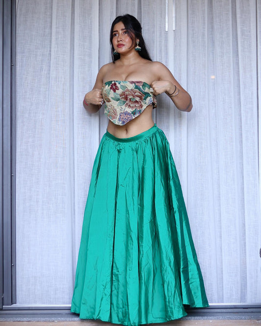 GREEN TAFFETA SILK PARTY WEAR CROP TOP LEHENGA