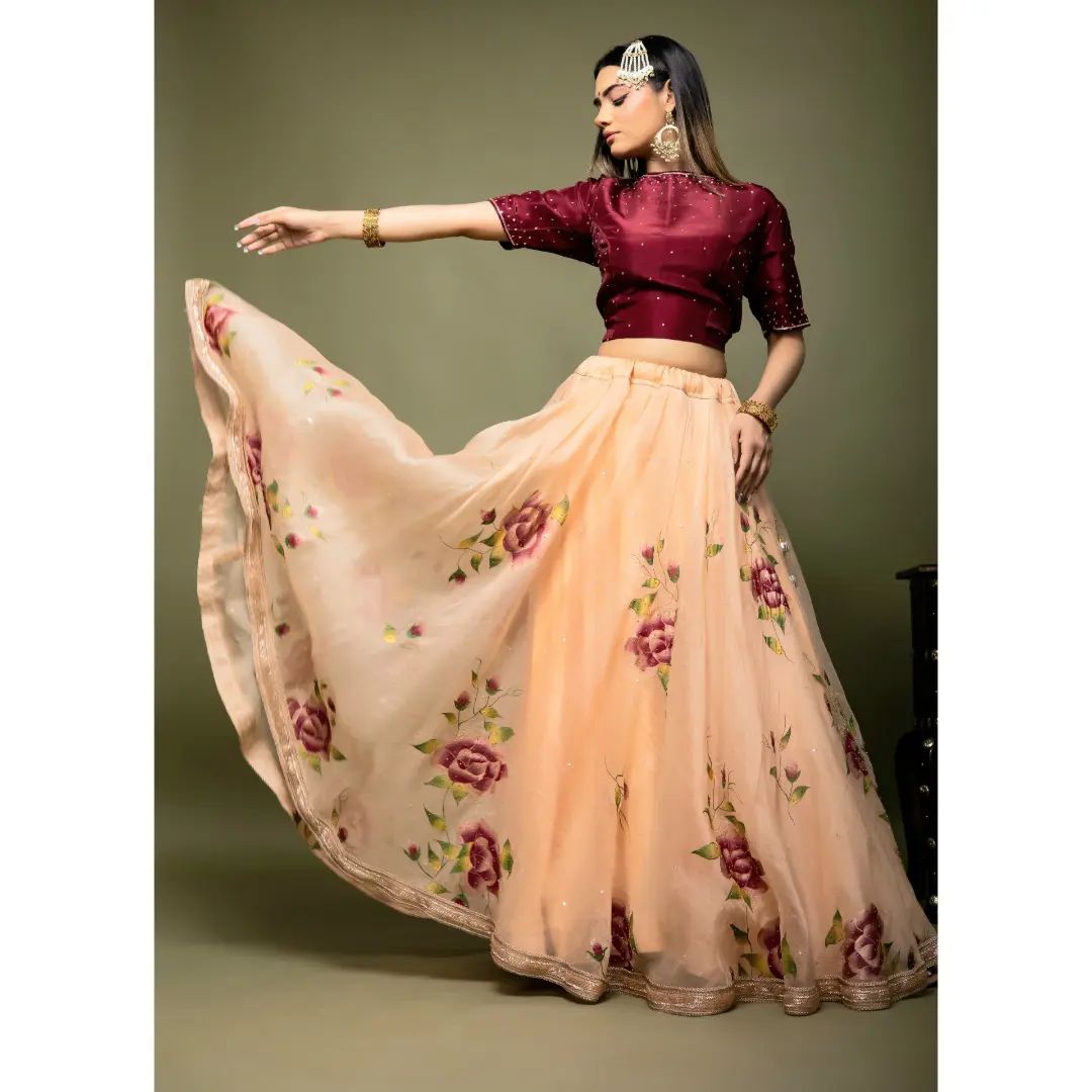 Orange Organza Digital Printed Partywear Lehenga