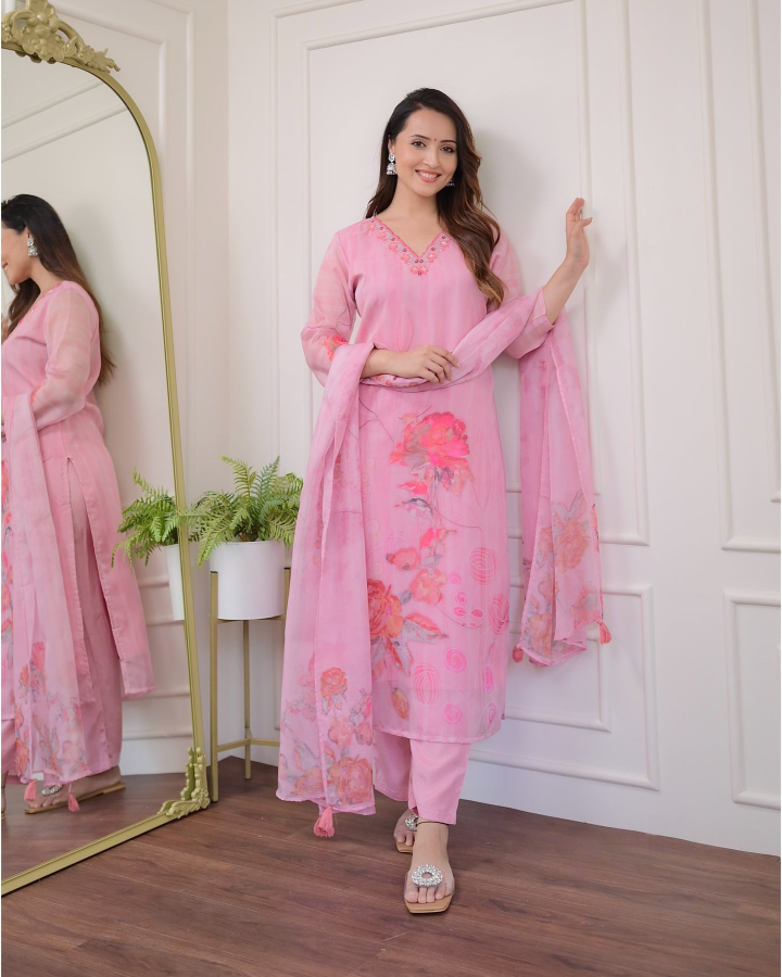 Women's ORGANZA Embroidered  Straight kurta suit sets