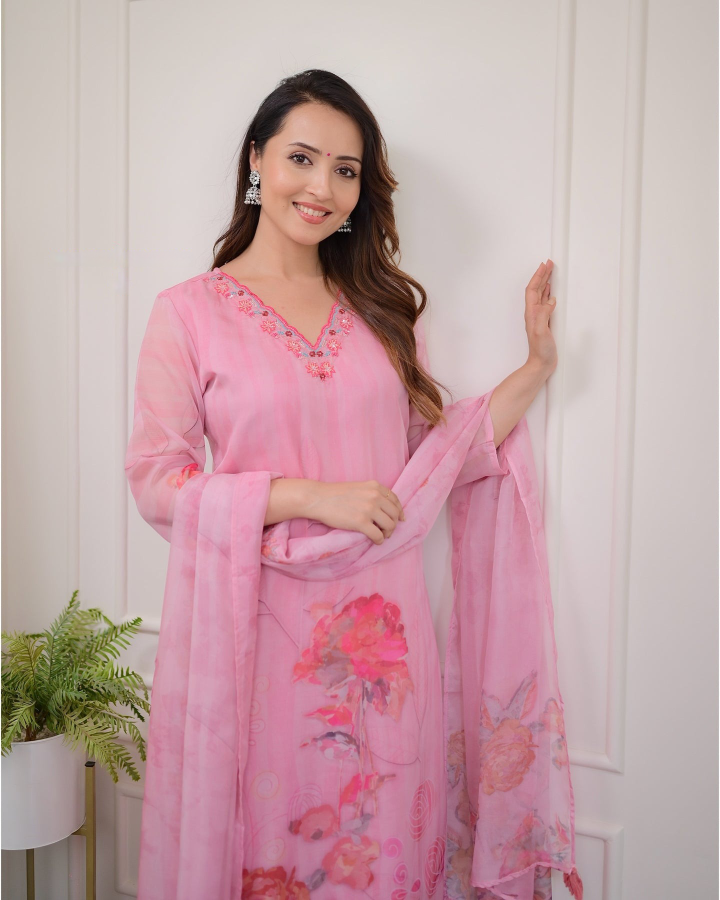 Women's ORGANZA Embroidered  Straight kurta suit sets