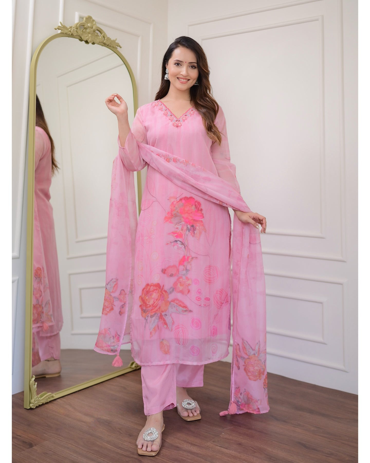 Women's ORGANZA Embroidered  Straight kurta suit sets