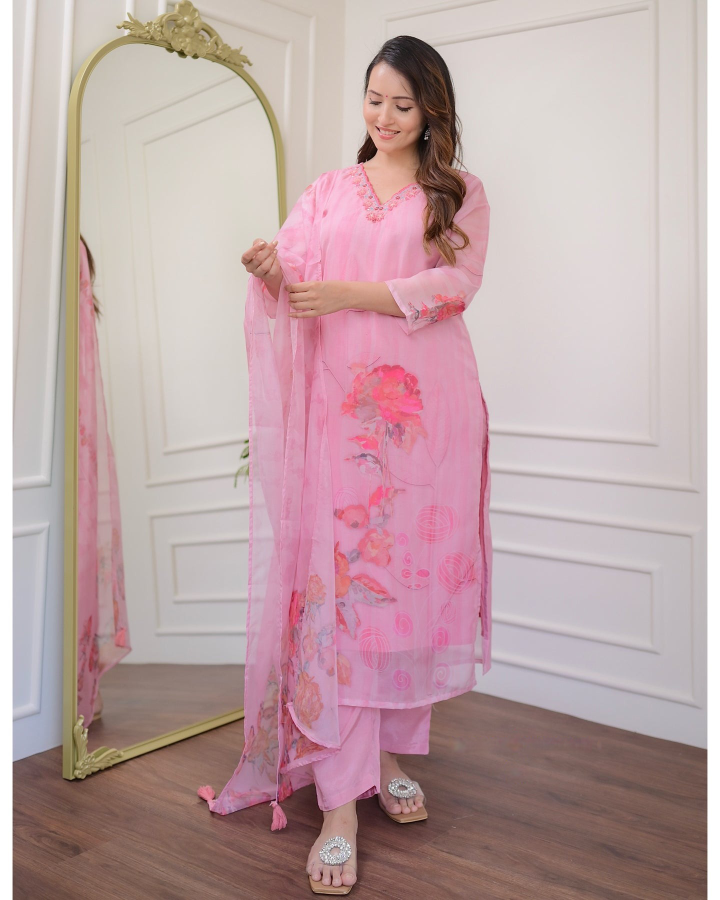 Women's ORGANZA Embroidered  Straight kurta suit sets