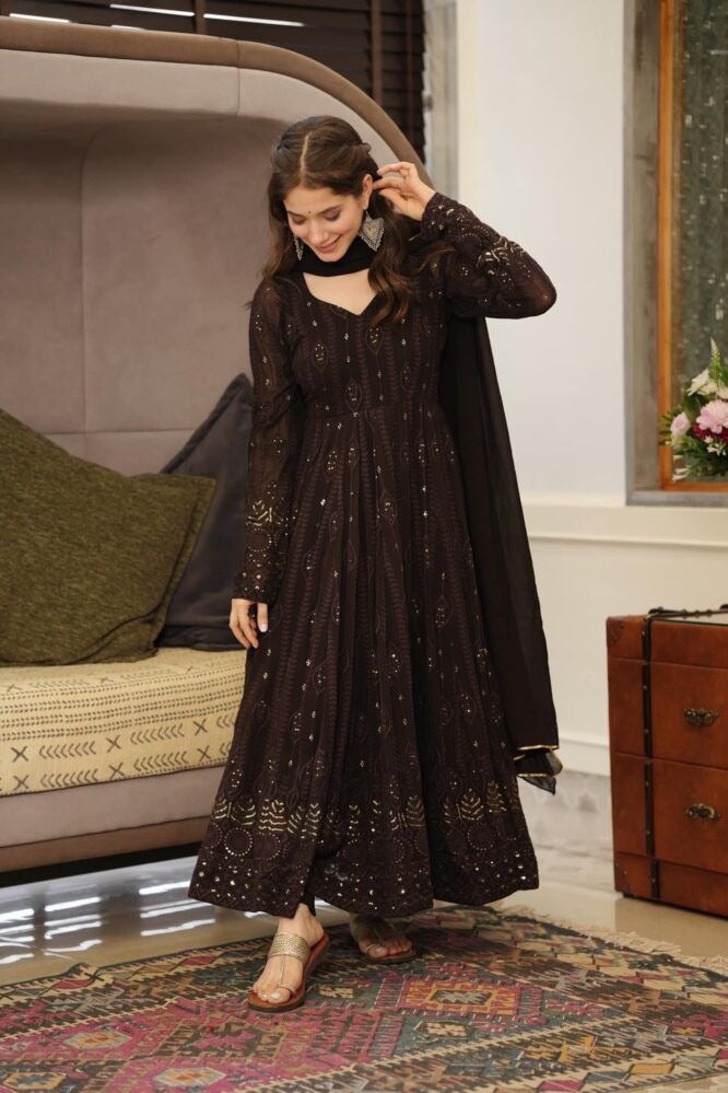 STYLISH BLACK COLOR SEQUENCE THREAD WORK ANARKALI GOWN