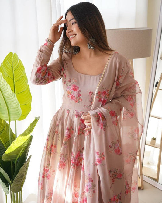 LIGHT CHOCOLATE COLOR FLORAL PRINT SOFT ORGANZA SILK KALI CUT ANARKALI SUIT