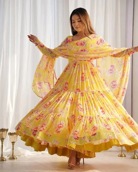 FLORAL PRINT YELLOW COLOR GEORGETTE FRILL ANARKALI SUIT