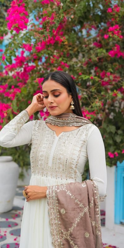 Fancy Beige Color Chinon Silk Embroidery Sequence Salwar Suit