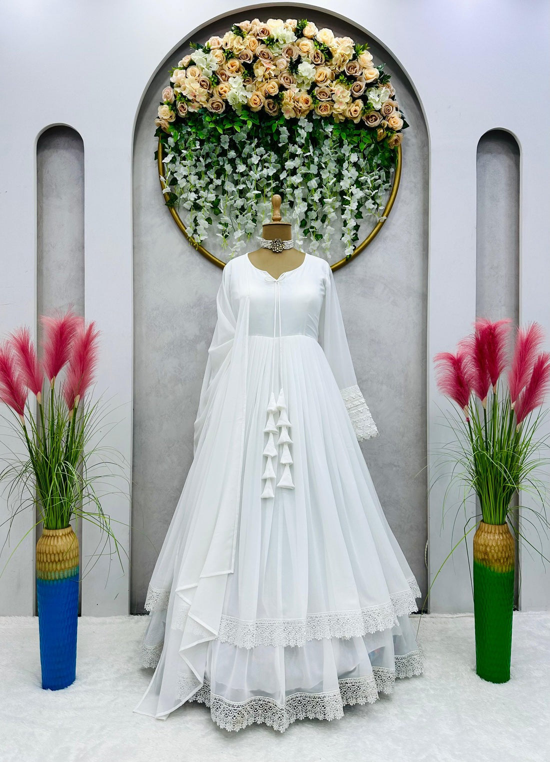 WHITE LONG FLAIR DOUBLE LAYERED ANARKALI WITH DUPATTA