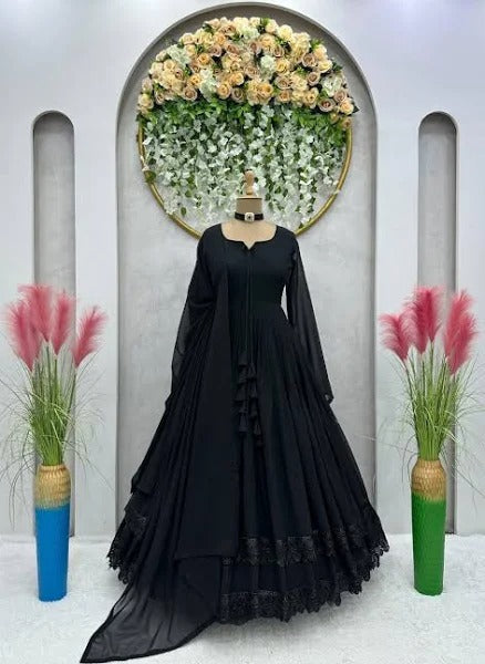 DEMANDING BLACK COLOR LACE WORK LONG ANARKALI GOWN