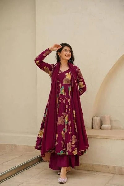 Maroon Floral Print Anarkali Suit with Flared Sleeve.