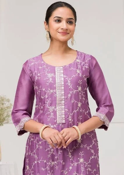 koskii Lavender Raw Silk Threadwork Readymade Salwar Suit for Women