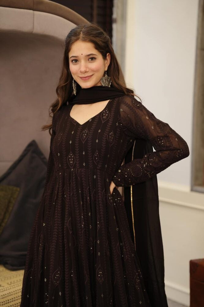 STYLISH BLACK COLOR SEQUENCE THREAD WORK ANARKALI GOWN