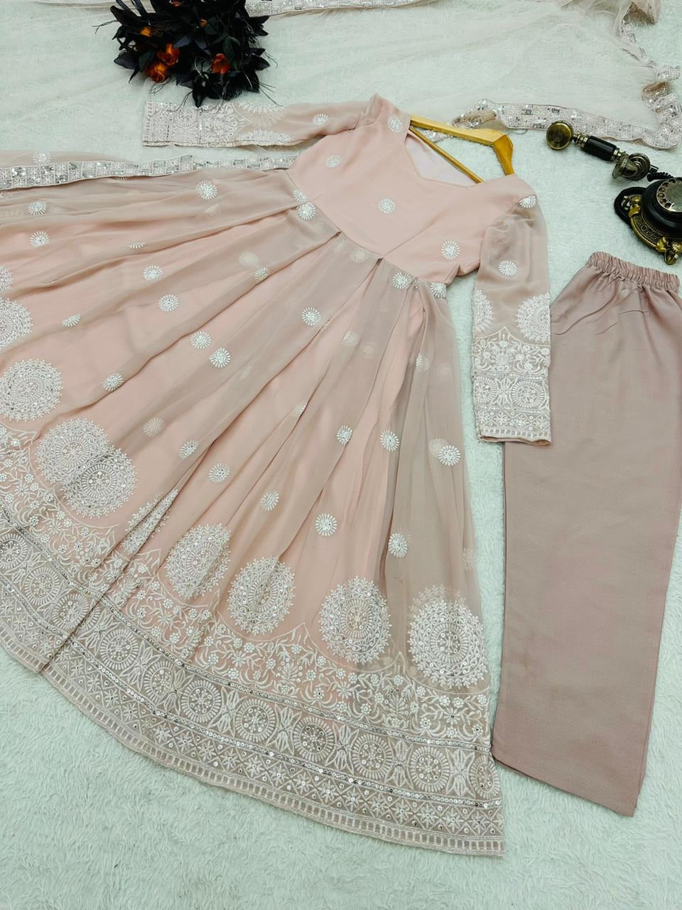 CLASSIC PEACH COLOR EMBROIDERY WORK ANARKALI GOWN