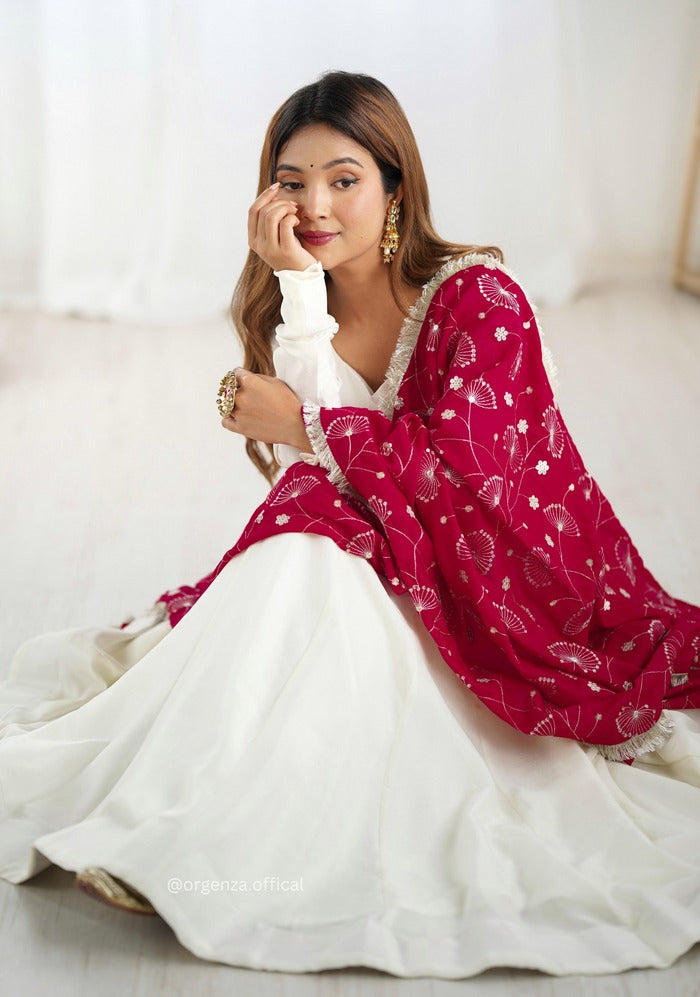 OFF WHITE COLOUR VICHITRA SILK ANARKALI KURTI