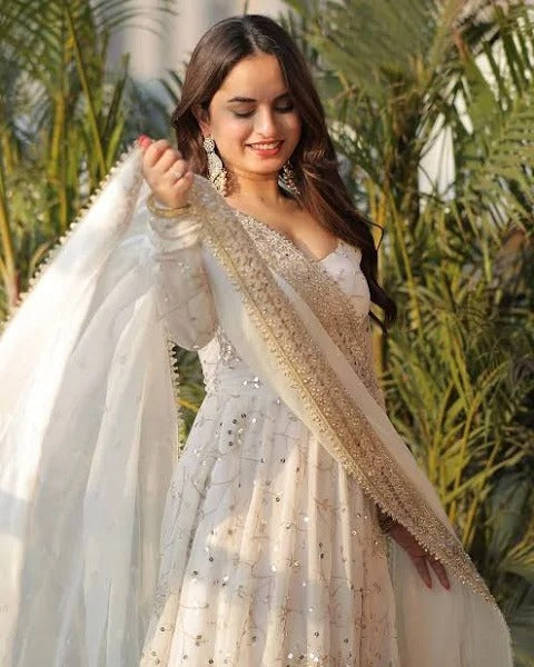 FULL HEAVY WORK WHITE COLOR GEORGETTE ANARKALI GOWN