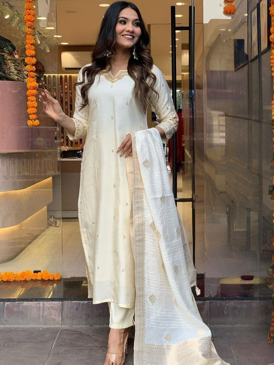 White Color Women Embroidery Straight Kurta Set