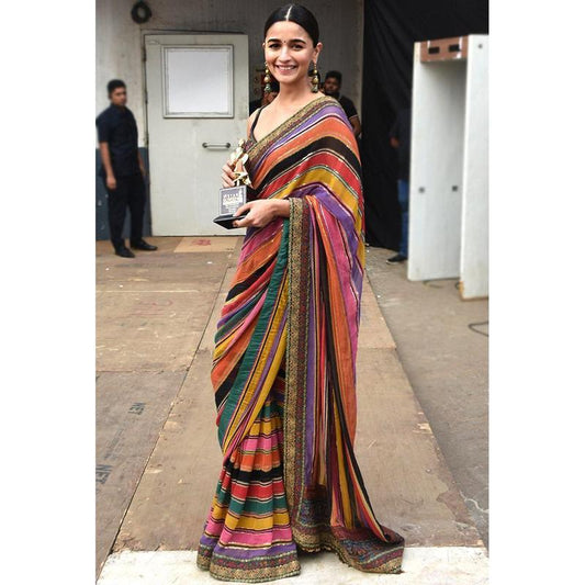 Latest Bollywood Style Aliya Bhatt Wearing Multi Colored Printed Designer Digital Printed Saree