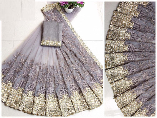 Amazing Light Brown Color Embroidery With Diamond Work Saree