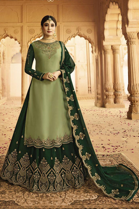 Amazing Light Mehndi  And Green Color Heavy Faux Georgette With Embroidery Salwar Suit Lehenga