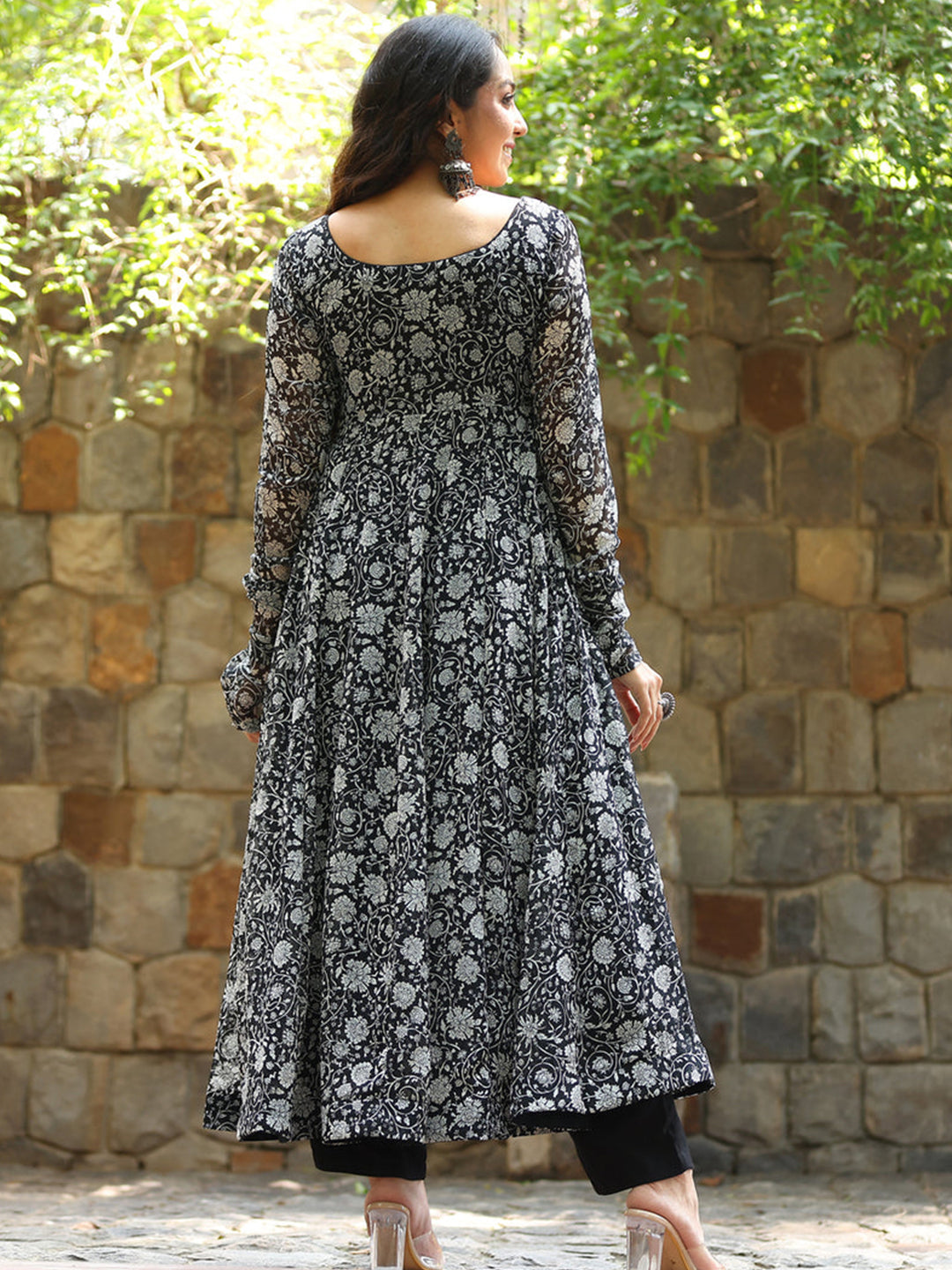 Floral Printed Maxi Ethnic Gown Black color