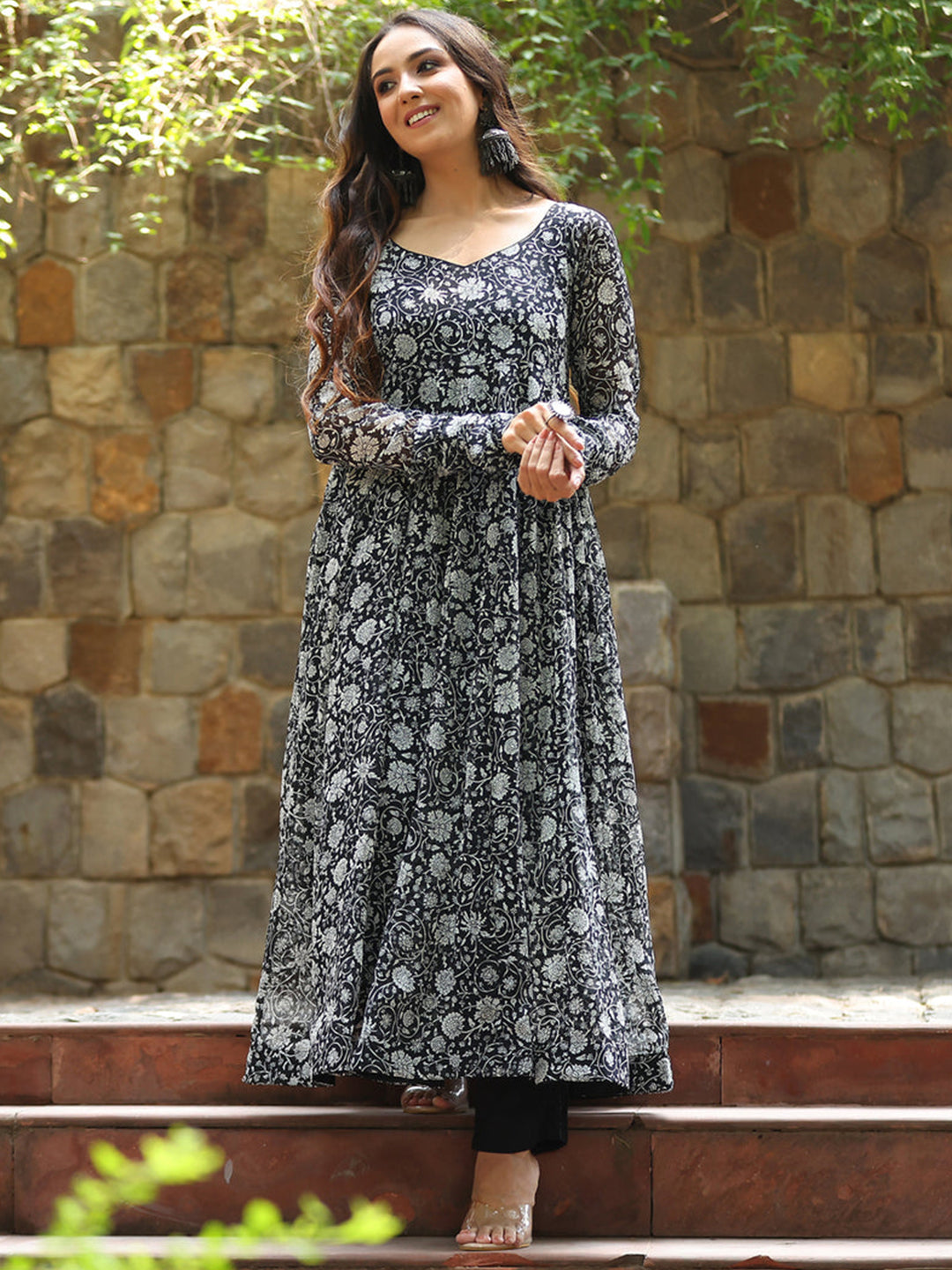 Floral Printed Maxi Ethnic Gown Black color