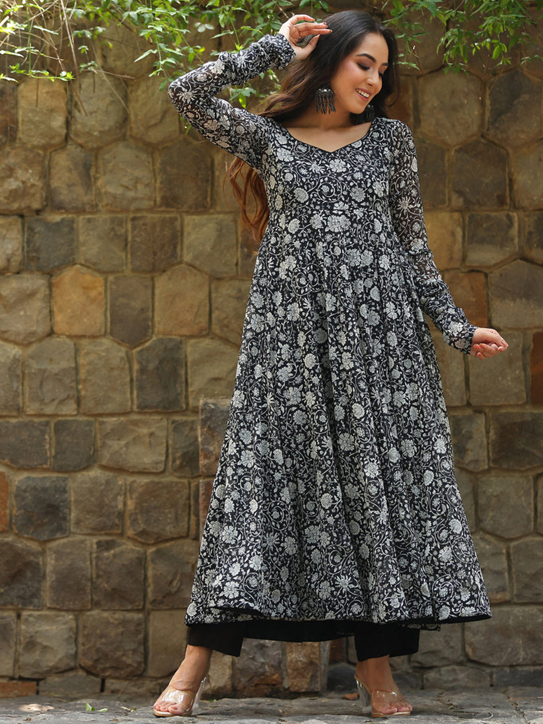 Floral Printed Maxi Ethnic Gown Black color