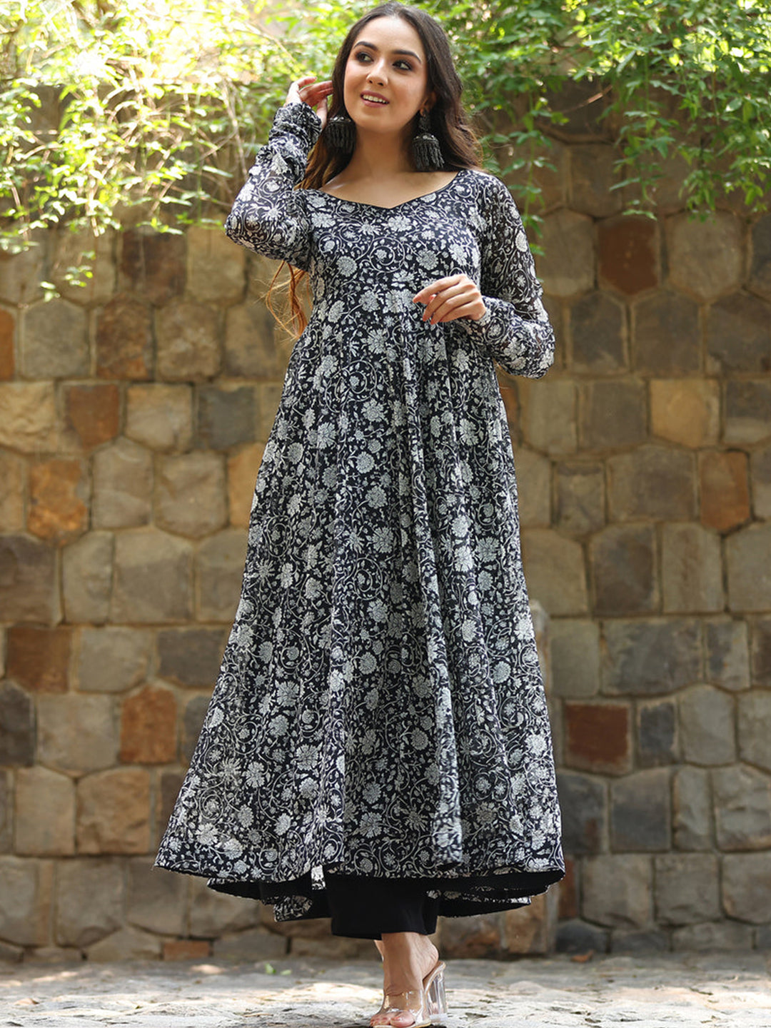 Floral Printed Maxi Ethnic Gown Black color