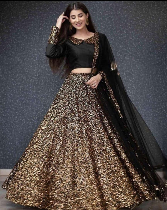 Beautiful Latest Black Sequence Work Velvet Lehenga Design