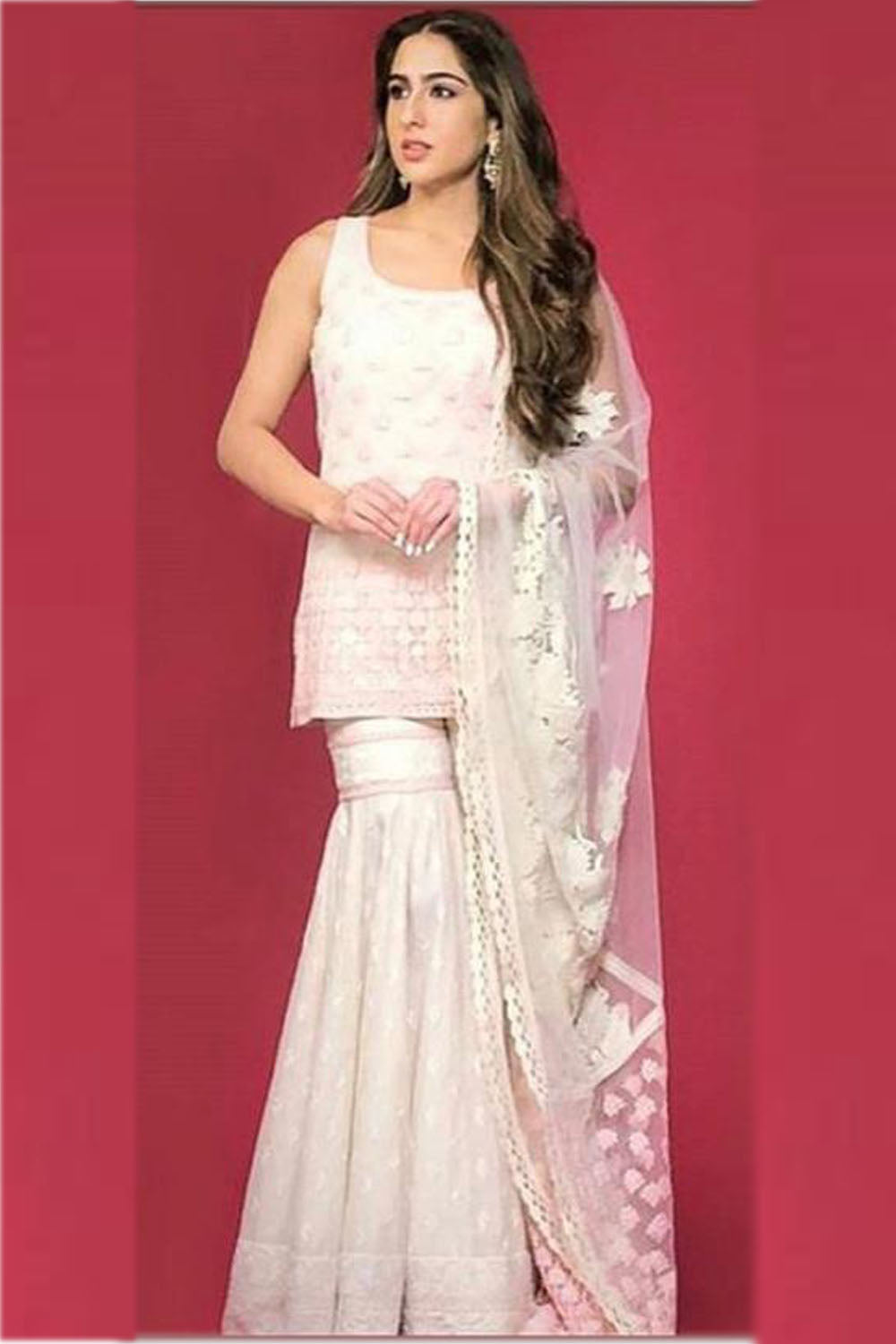 Bollywood Actress Sara Ali Khan White Color Embroidery Top With Plazzo