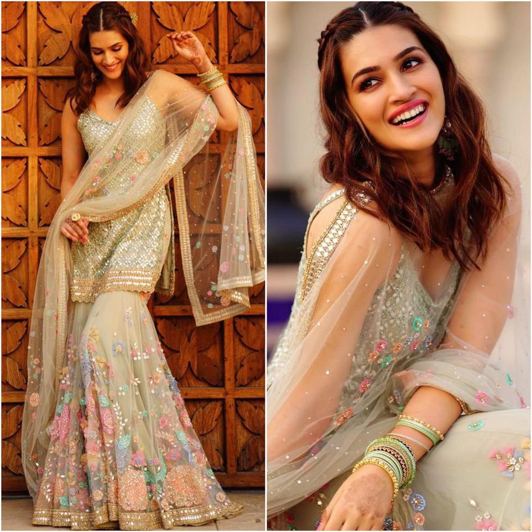 Grand look With Kriti Sanon off White Color Party Wear Sharara Suit