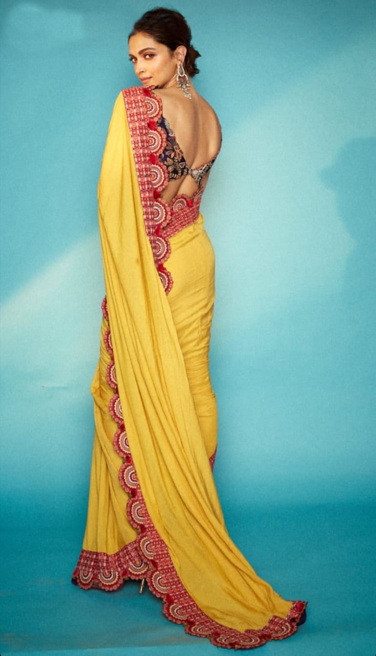 Deepika Padukon Yellow Color Japan Satin Bollywood Digital Online Saree