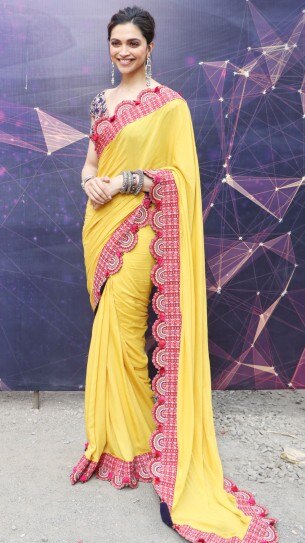 Deepika Padukon Yellow Color Japan Satin Bollywood Digital Online Saree