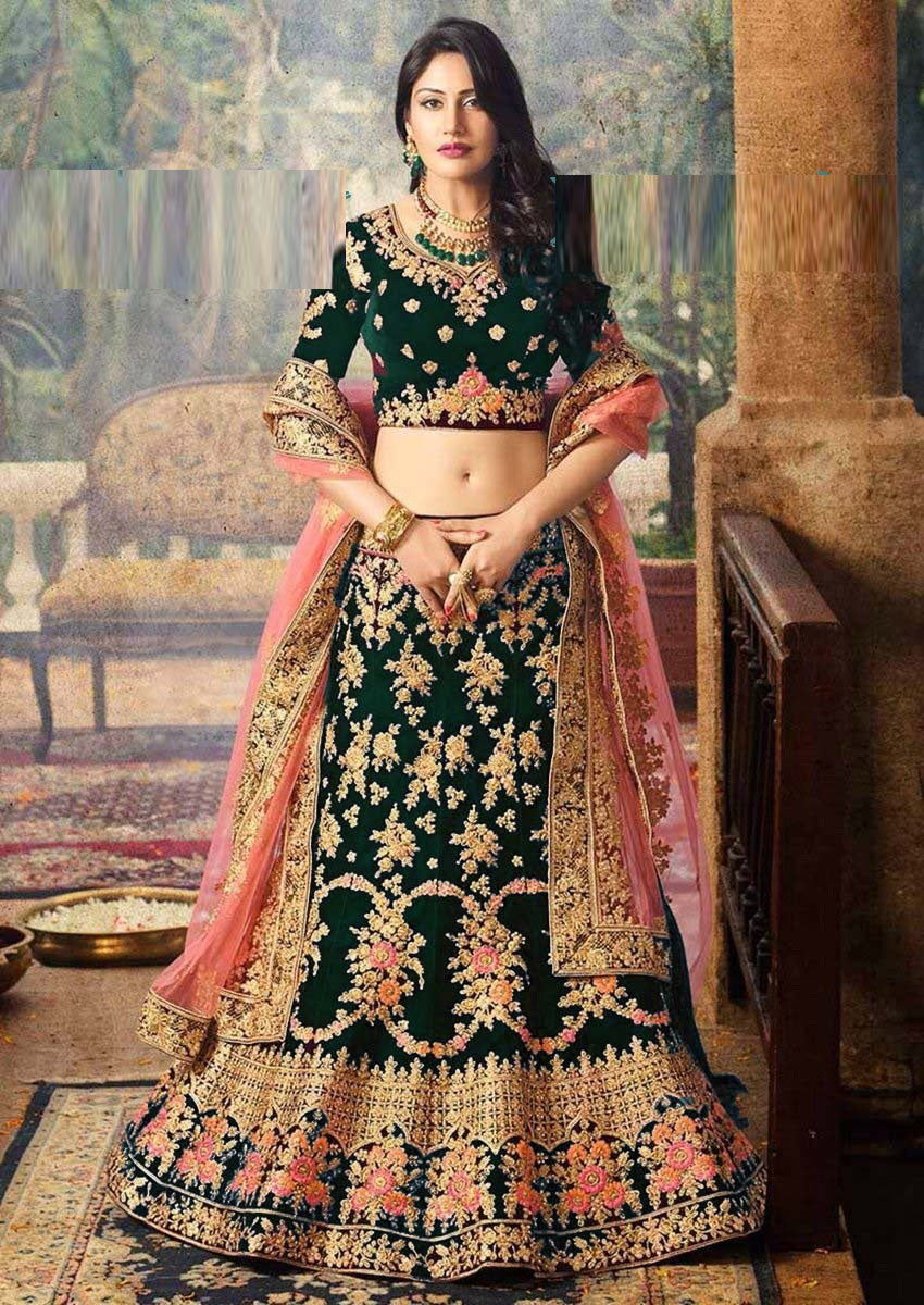 Bridal Wear Dark Green Velvet Lehenga Choli