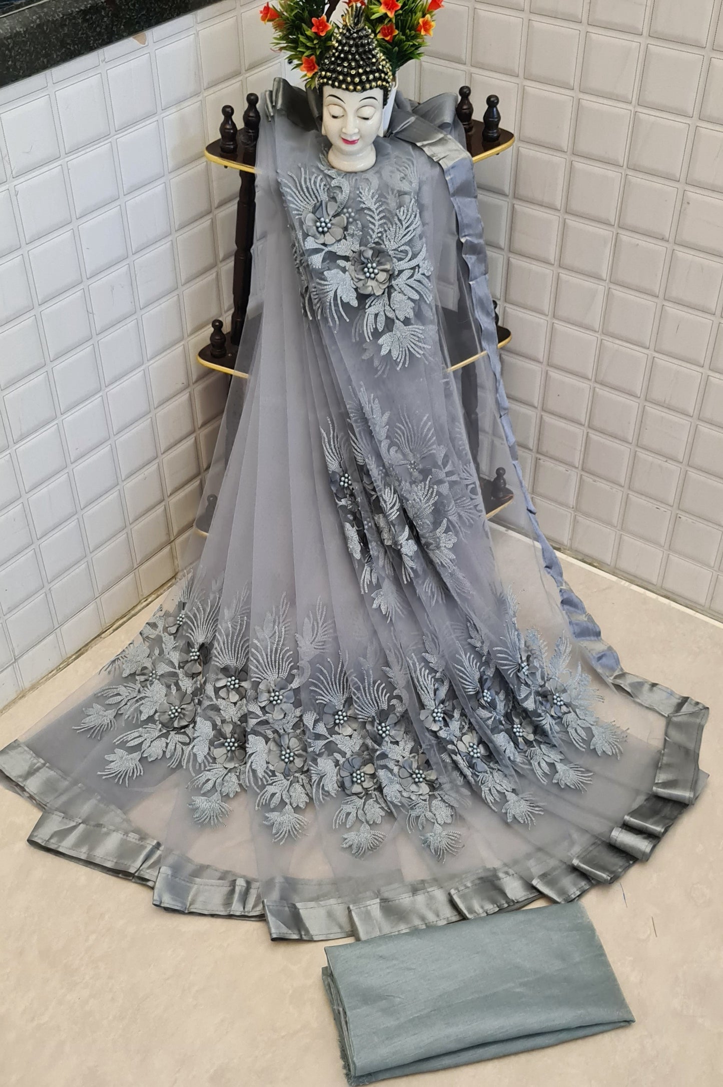 Designer Grey Color Net With Embroidery Work Saree