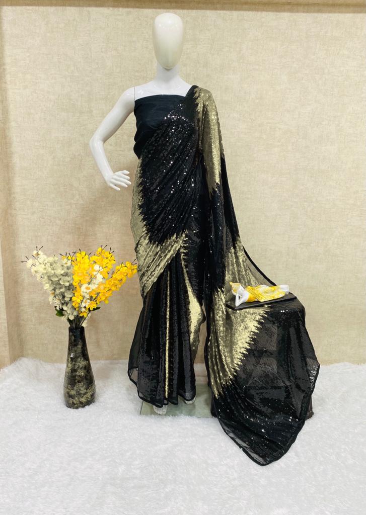 DesignerHeavy Sequin Work Black And Yellow Georgette Saree