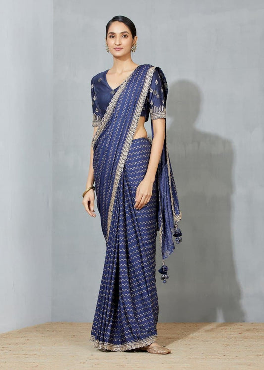 Designer Navy Blue Satin Silk Saree