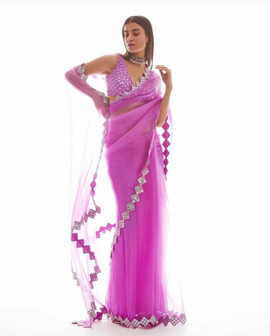 Designer Pink Color Butterfly Mono Net Saree