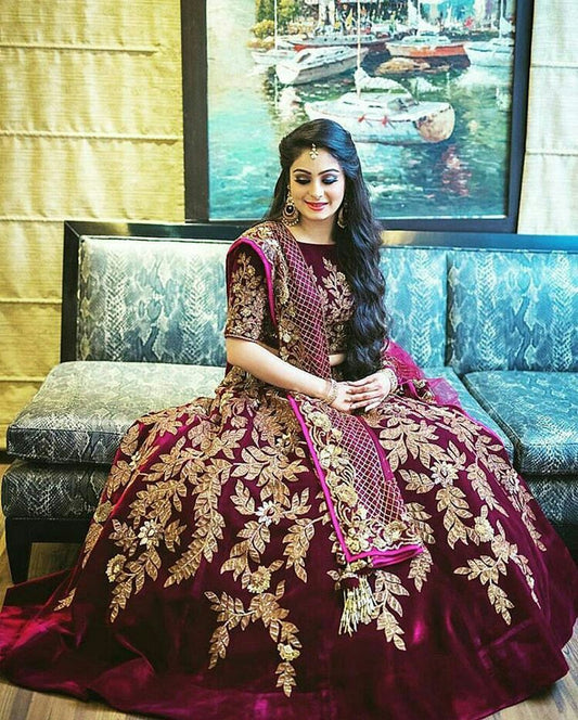 Designer Wine Color Bridal Lehenga Choli