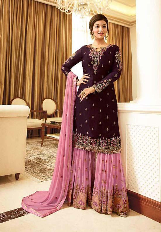 Adorable Wine Color Georgette With Embroidery Work Sharara Suit