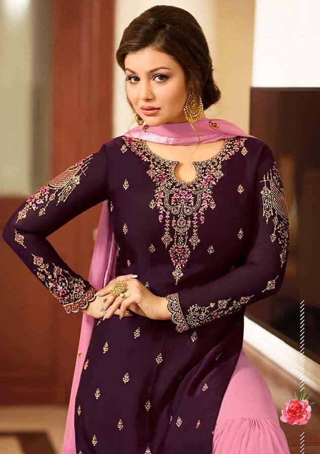 Adorable Wine Color Georgette With Embroidery Work Sharara Suit