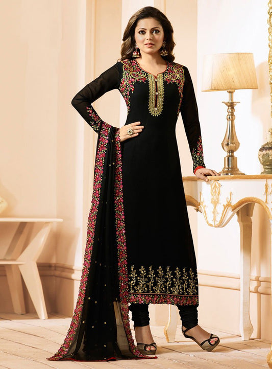 Drasht Dhami Designer Black Color Embroidered Work Straight Salwar Suit