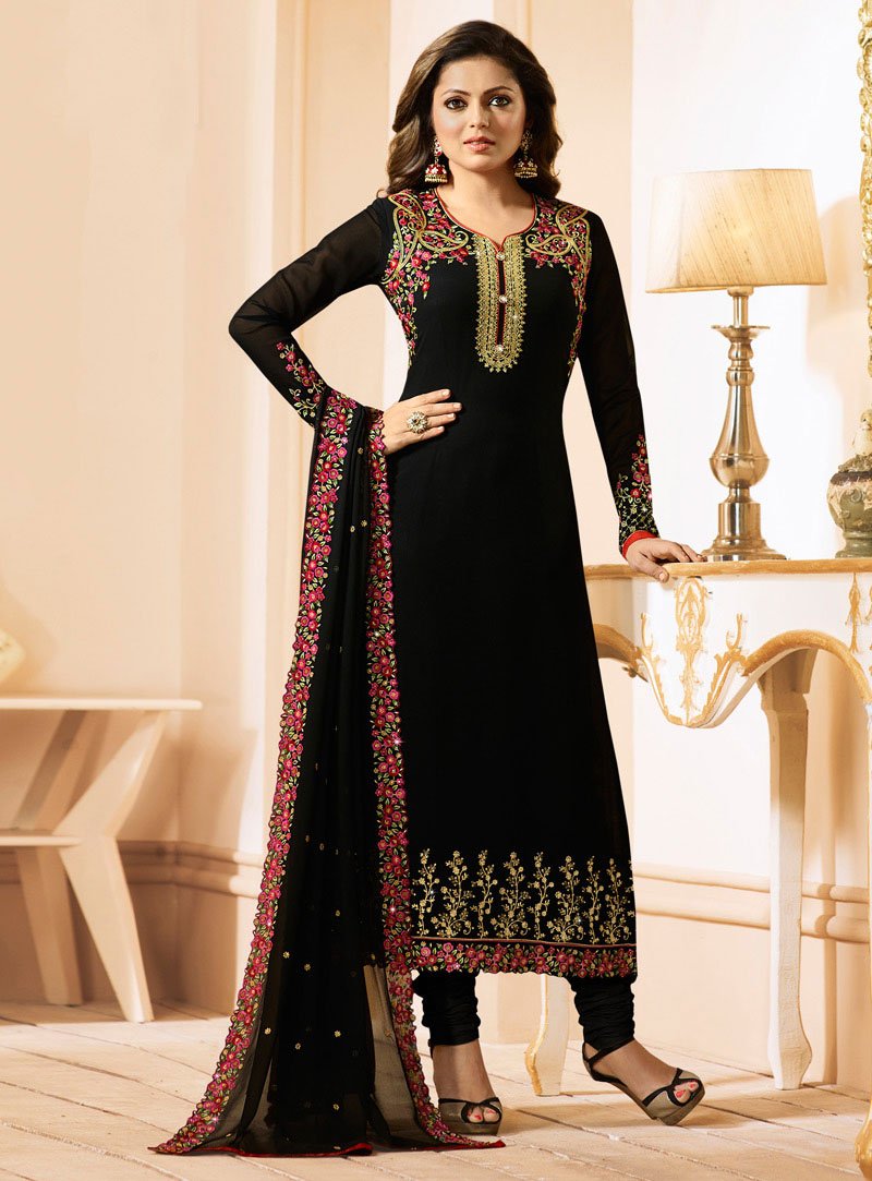 Drasht Dhami Designer black Color Embroidered Work Straight Salwar Suit