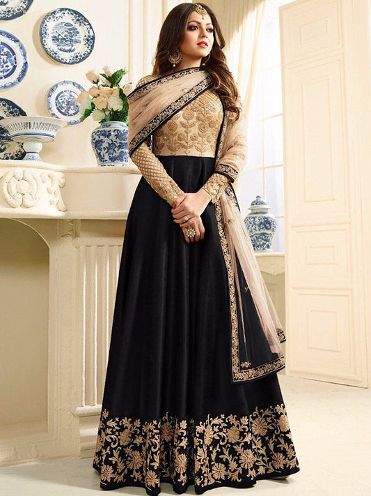 Drashti Dhami Black Banglory Silk And Net Womens Semi Stitched Long Anarkali Suit