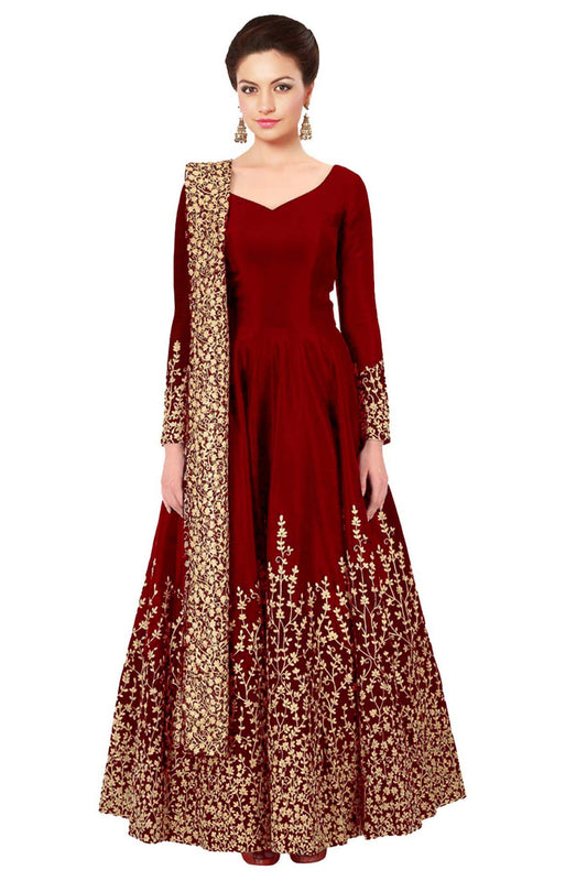 New Red Long Embroidered Semi Stitched Designer Anarkali Suit