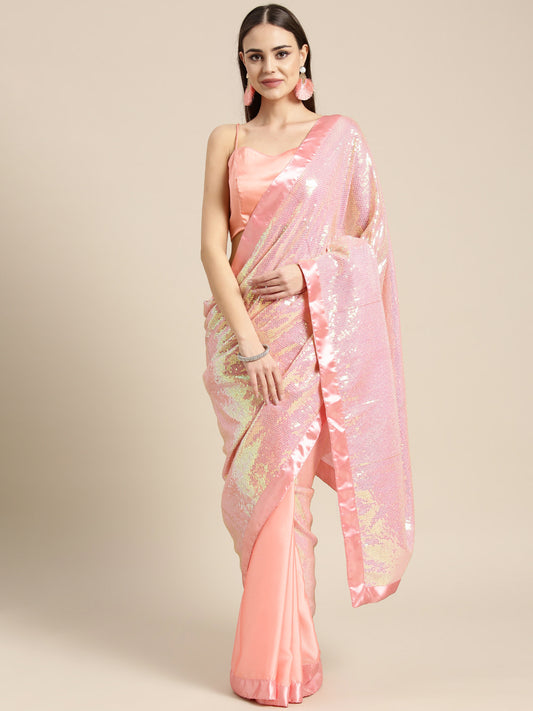 Adorable  Pink Poly Crepe Party Wear Sequence Saree