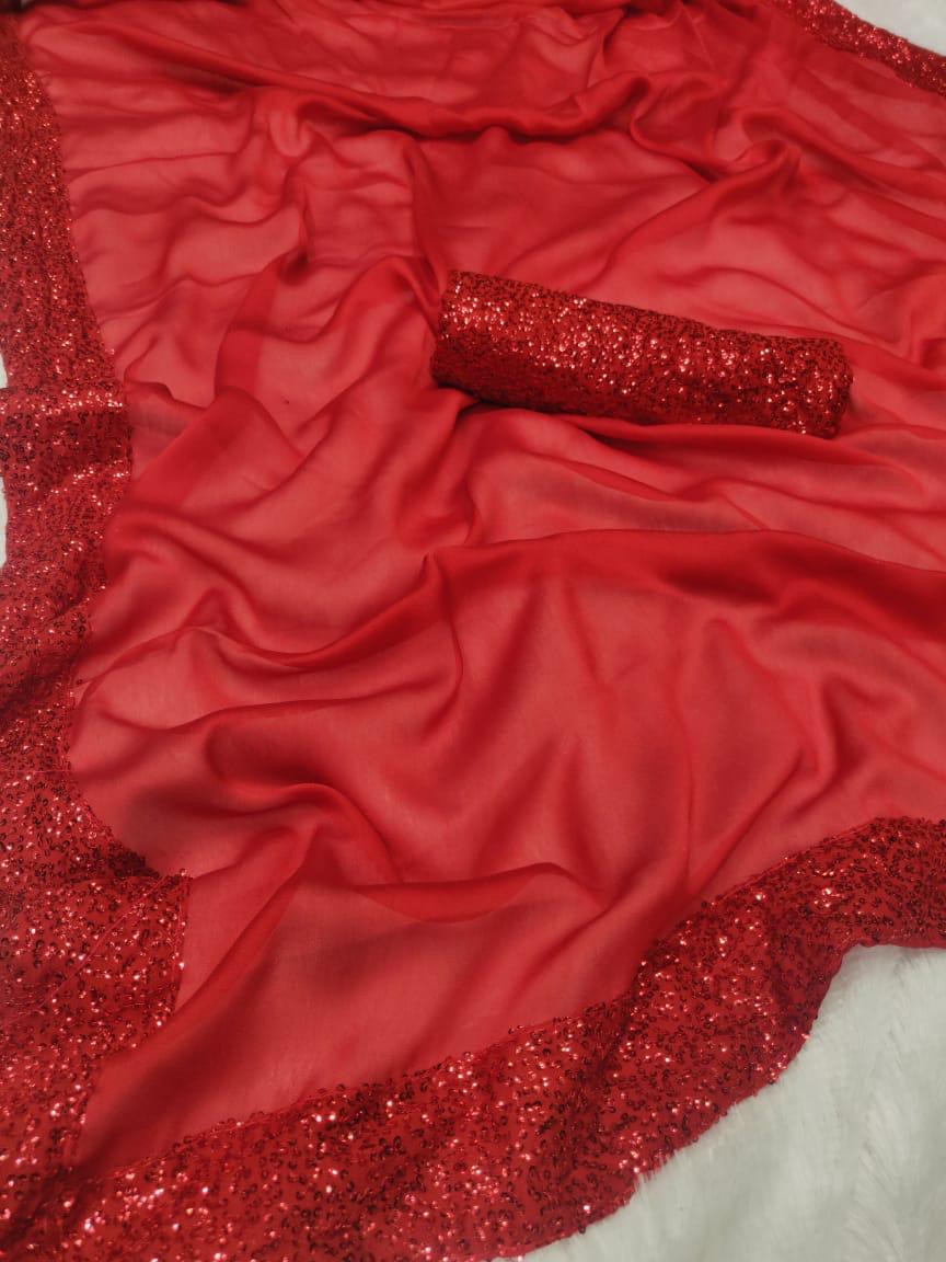 Blood Red Color Sequin Work Festive Wear Saree Online 2020