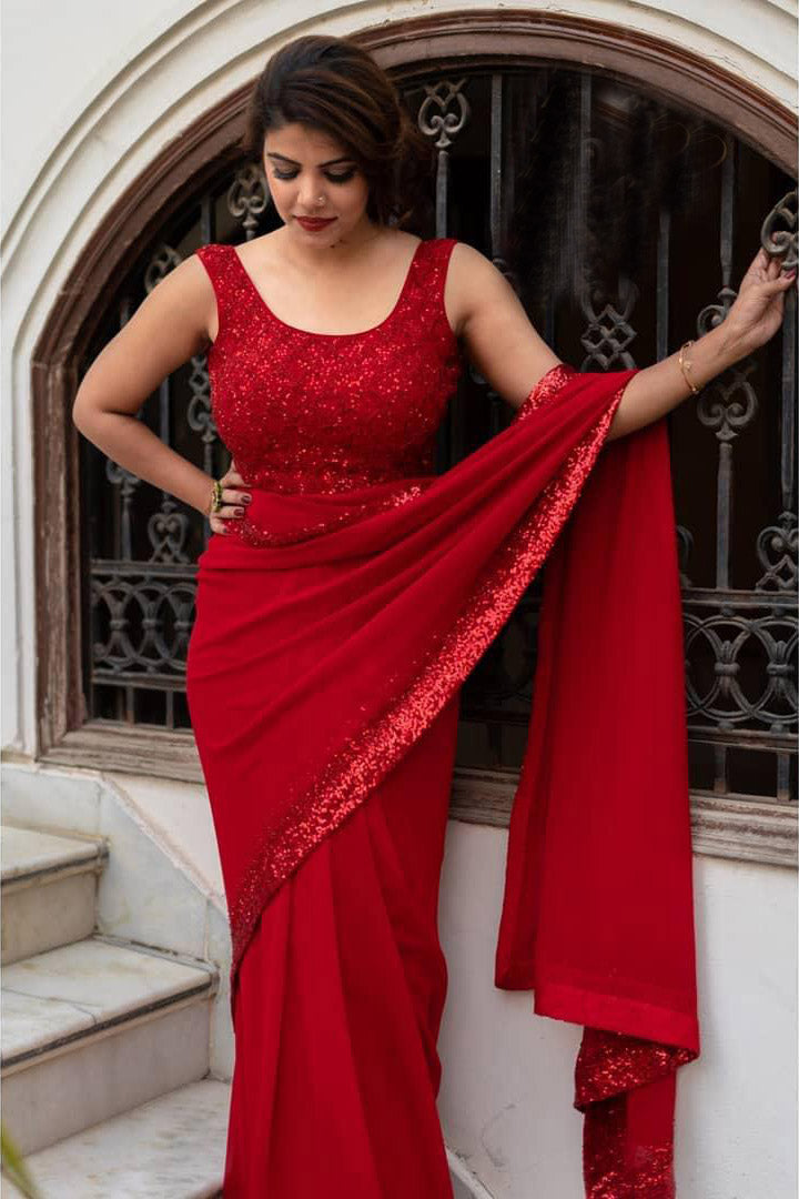 Blood Red Color Sequin Work Festive Wear Saree Online 2020