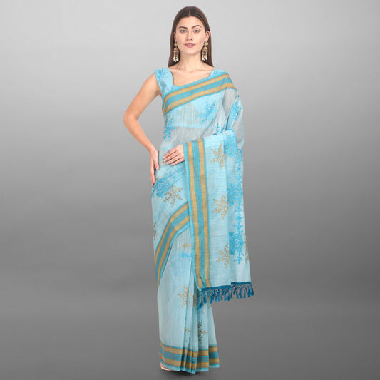 Blue Color Embroidery Work Saree For Girls