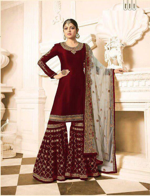 Drashti Dhami Designer Satin Georgette Red Plazo Suit